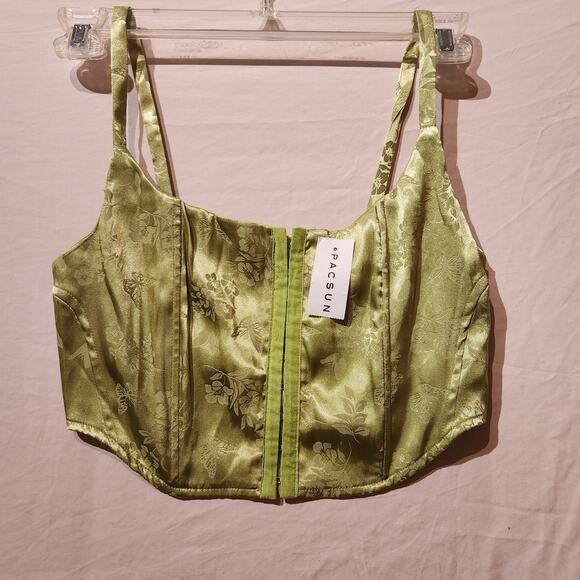 Pacsun LA Hearts Sz S Shiny Lime Green NWT Corset Strappy Top Floral Etching - Picture 1 of 7